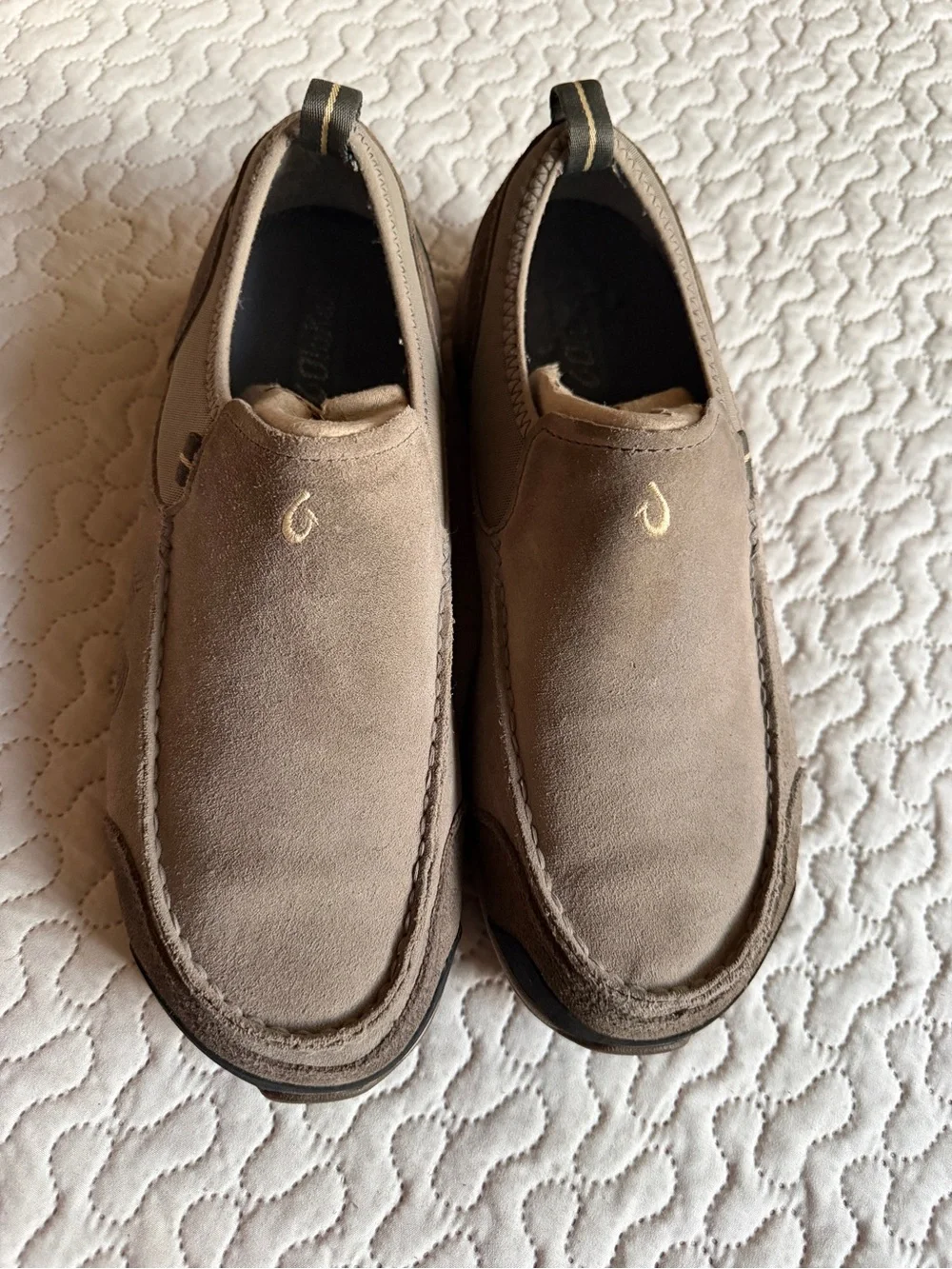 Olukai Men’s Tan Suede Leather Moc Toe Slip-On Loafers Walking Shoes Size 11
